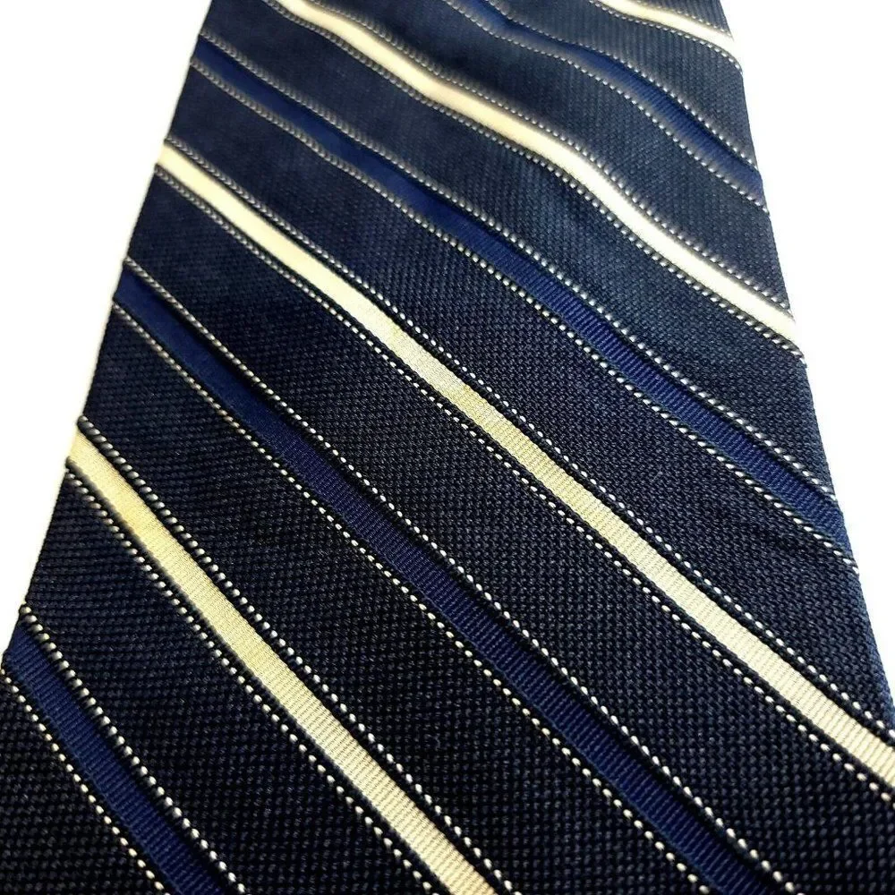 Tommy‎ Hilfiger Woven Blue Tan Striped W/ Gray Two Tone Polka Dot Silk Tie